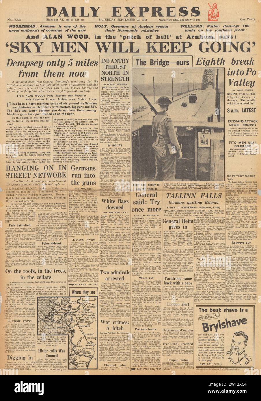 1944 Daily Express front page reporting Battle of Arnhem, Red Army capture Tallinn and Eighth Army enter Po Valley Stock Photo