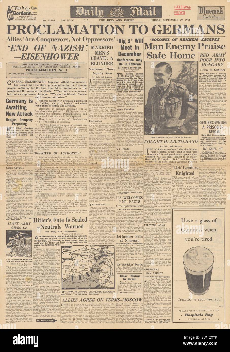 1944 Daily Mail front page reporting Battle of Arnhem, Battle for Holland and Eisenhower issues proclomation to Germany Stock Photo