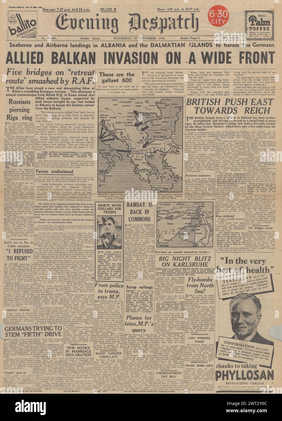 1944 Evening Despatch front page reporting Allies invade Balkans, Battle for Holland and Allied bombing raid on Karlsruhe Stock Photo