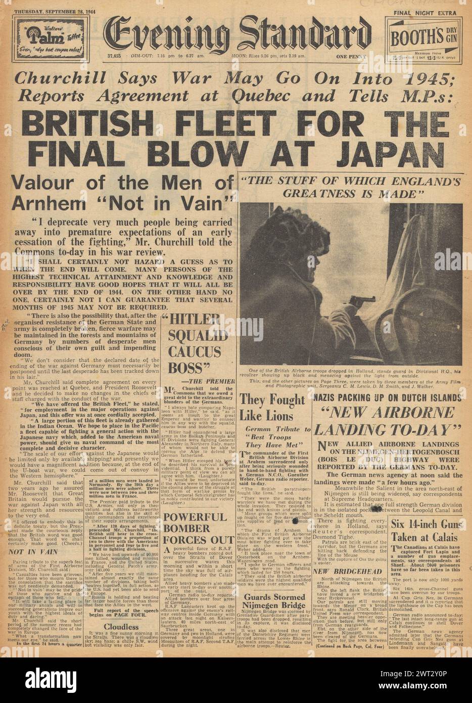 1944 Evening Standard front page reporting Battle for Arnhem and Churchill gives speech in House of Commons Stock Photo