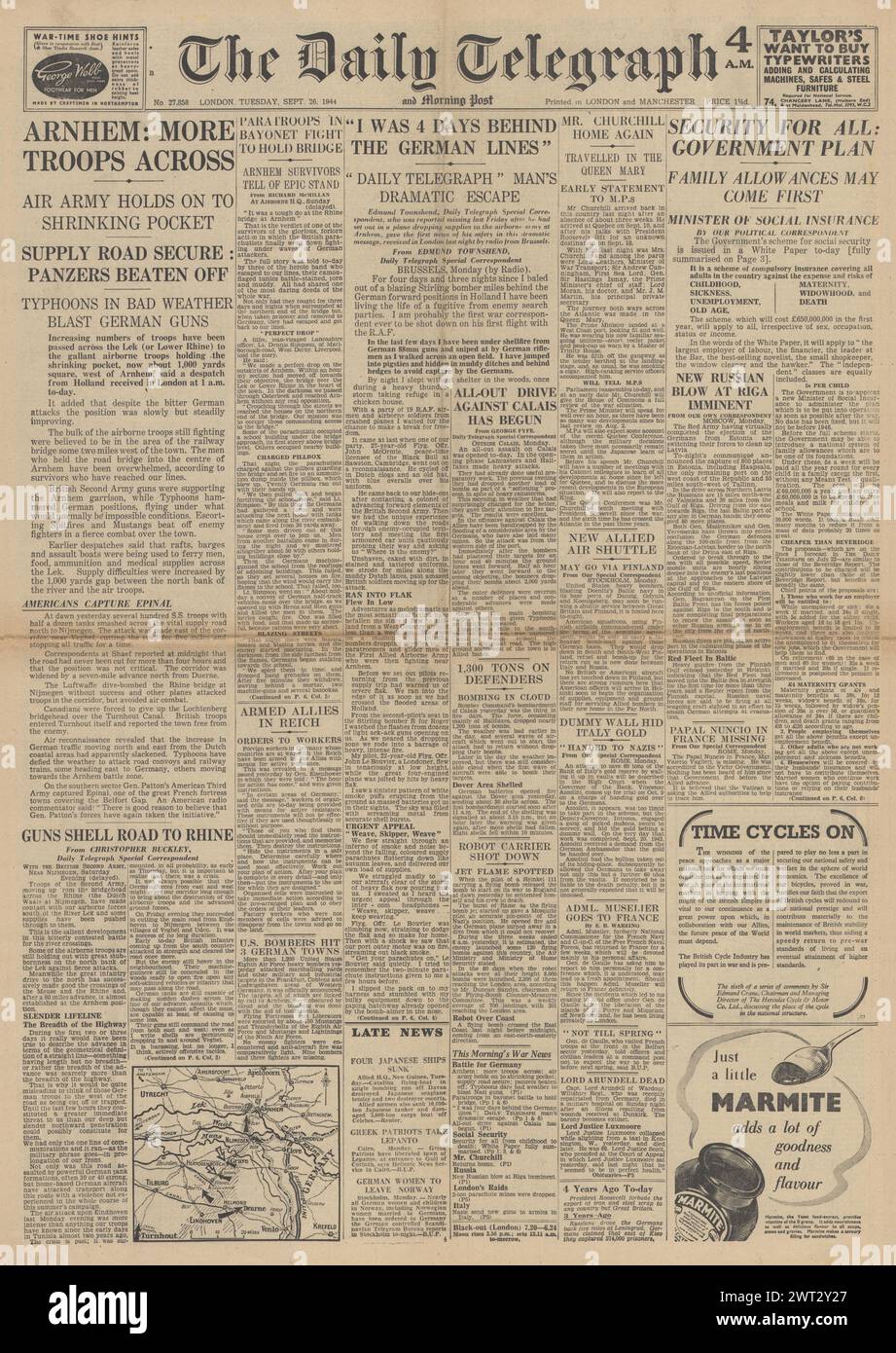 1944 The Daily Telegraph front page reporting Government National Insurance plan, Battle of Arnhem and German Army retreat in Holland Stock Photo