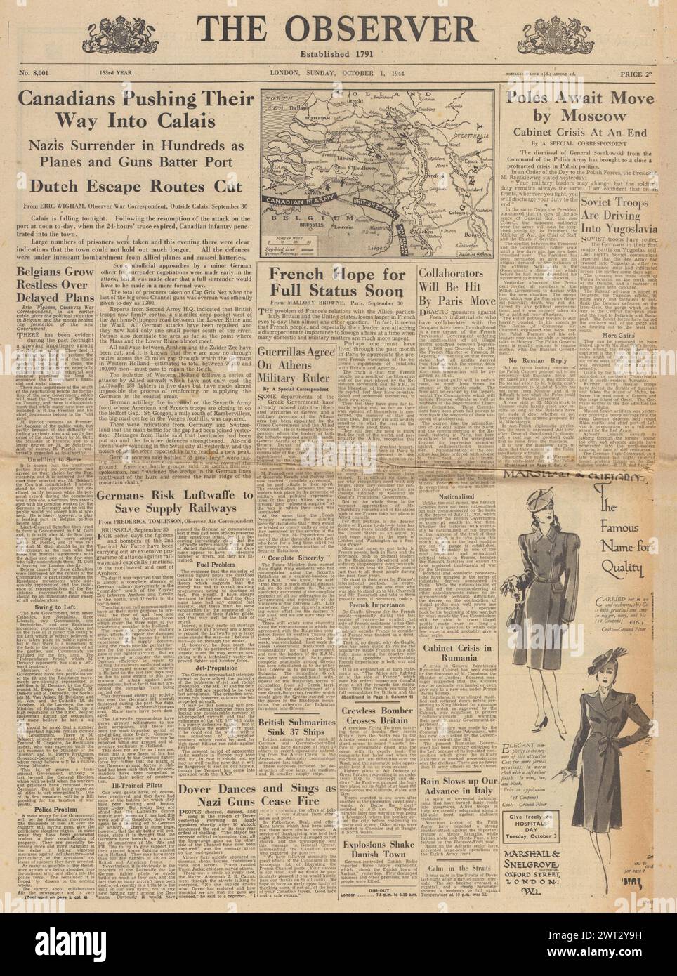 1944 The Observer front page reporting Canadian forces enter Calais Stock Photo