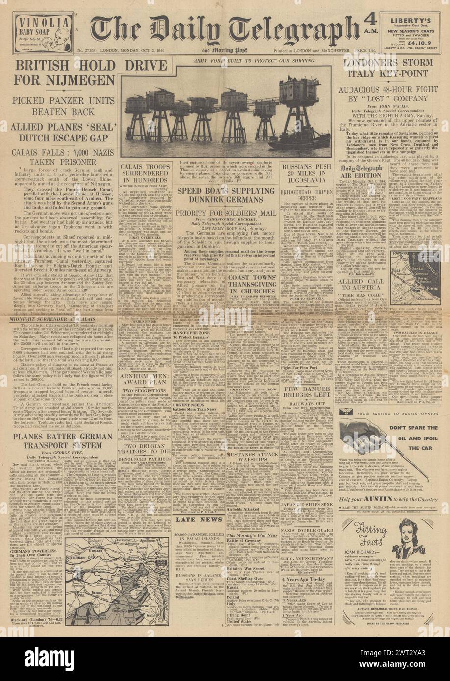 1944 The Daily Telegraph front page reporting Battle for Nijmegen, Heavy fighting in Holland, Allies capture Calais and Thames estuary forts Stock Photo