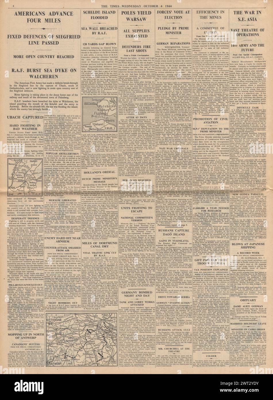 1944 The Times reporting Allies break Siegfried Line, RAF bomb Ems Canal, bombing of Walcheren Island and Warsaw Uprising ends Stock Photo