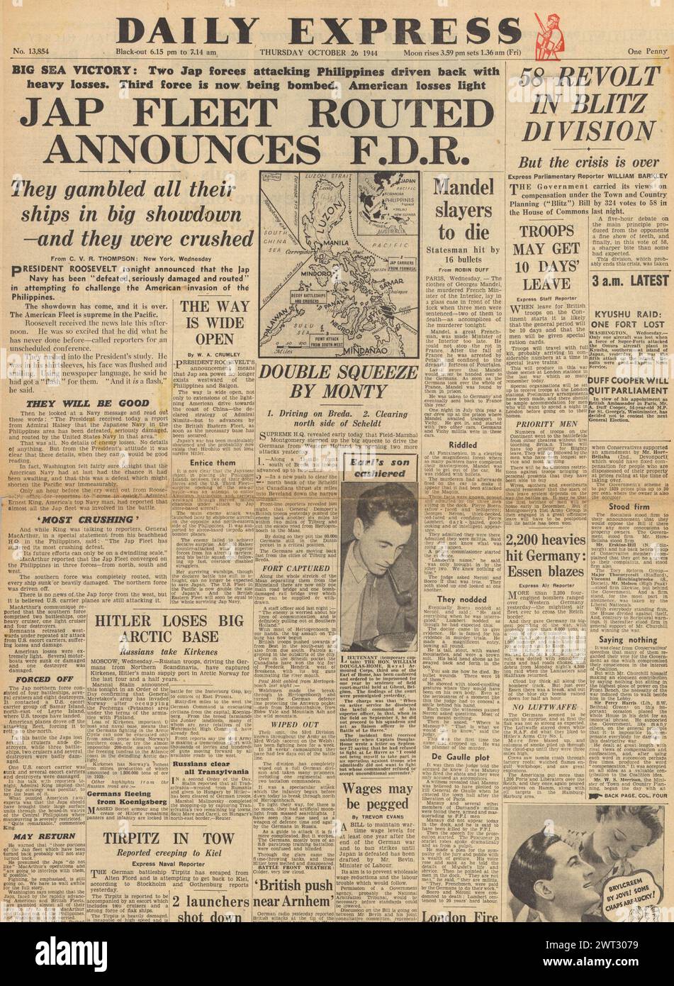 1944 Daily Express front page reporting Battle of Leyte Gulf, RAF bomb ...