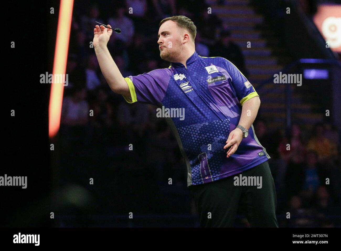 Nottingham, UK. 14th Mar, 2024. Luke Littler throws during the 2024