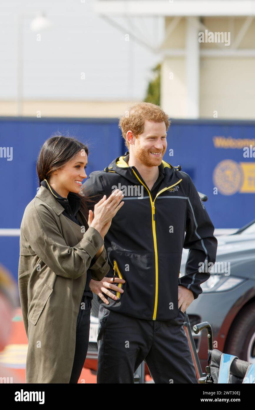 Bath, UK. 6/04/18. Prince Harry and Meghan Markle are pictured at the University of Bath as they attend the UK team trials for the 2018 Invictus Games Stock Photo