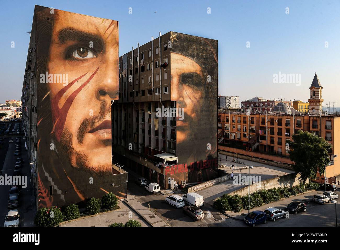 A view of the giant murals, depicting the revolutionary Che Guevara, by