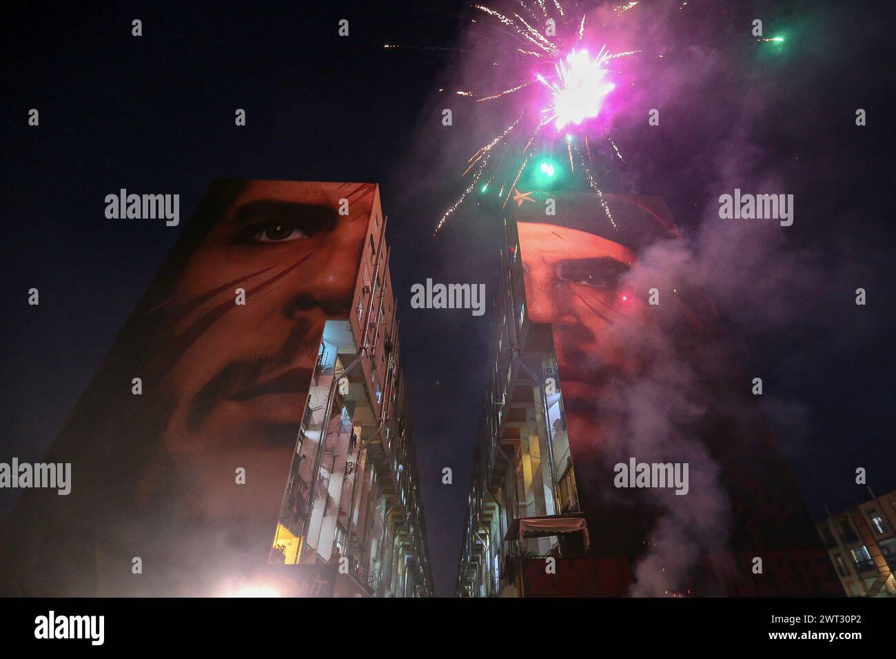 A view of the giant murals, during the celebration with fireworks