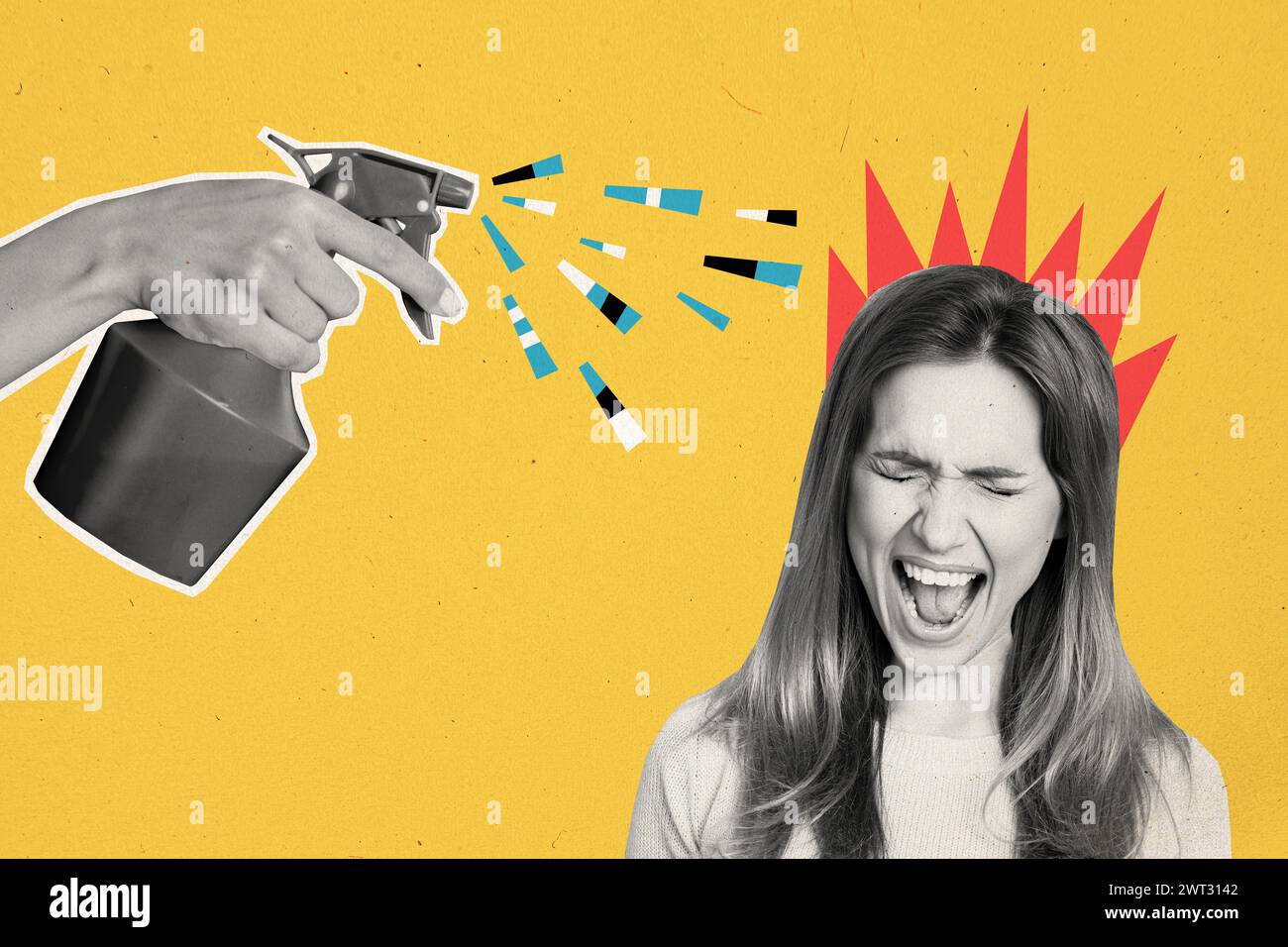 Photo collage picture screaming mad young girl burning head furious ...