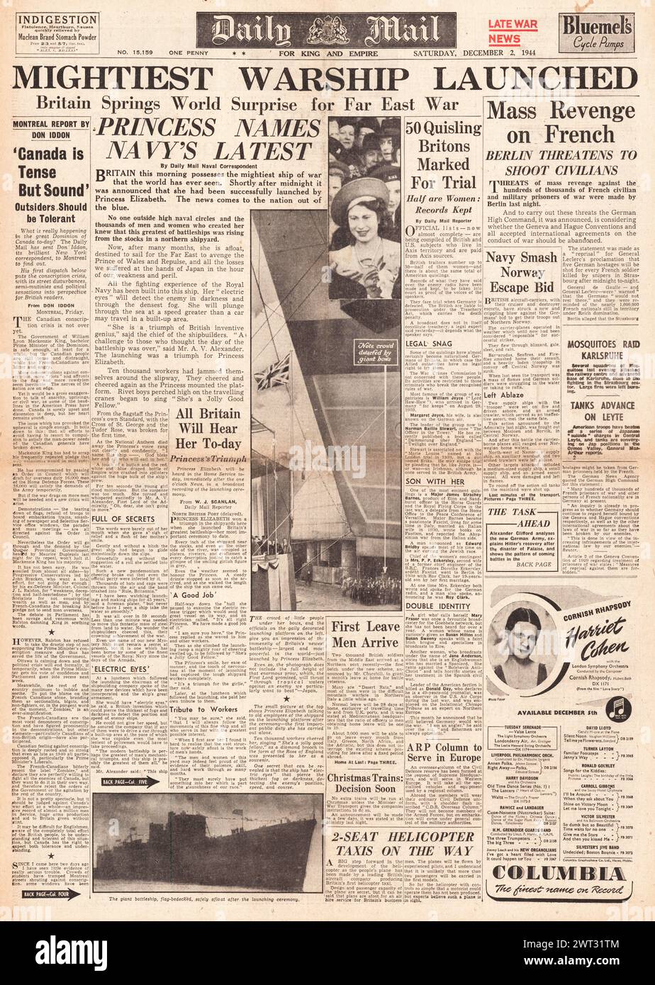1944 Daily Mail front page reporting launch of HMS Vanguard Stock Photo
