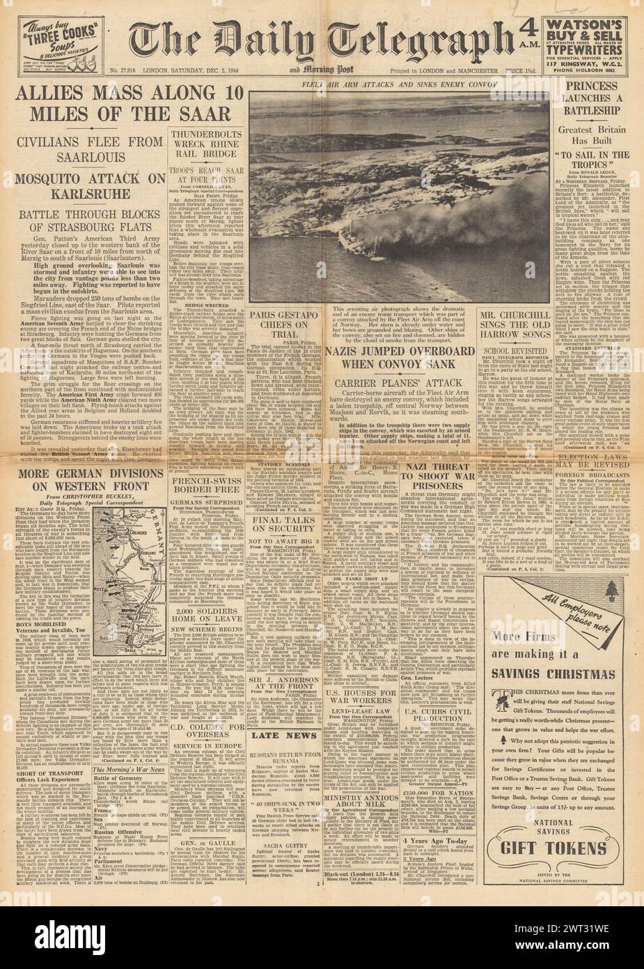 1944 The Daily Telegraph front page reporting Allies mass along the Saar, Fleet Air Arm attack enemy convoy, RAF bomb Karlsruhe and Princess Elizabeth launches HMS Vanguard Stock Photo