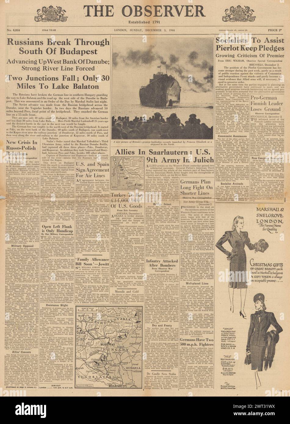 1944 The Observer front page reporting Red Army advance on Budapest, Allies in Saarlautern, US forces in Julich and Princess Elizabeth launches HMS Vanguard Stock Photo