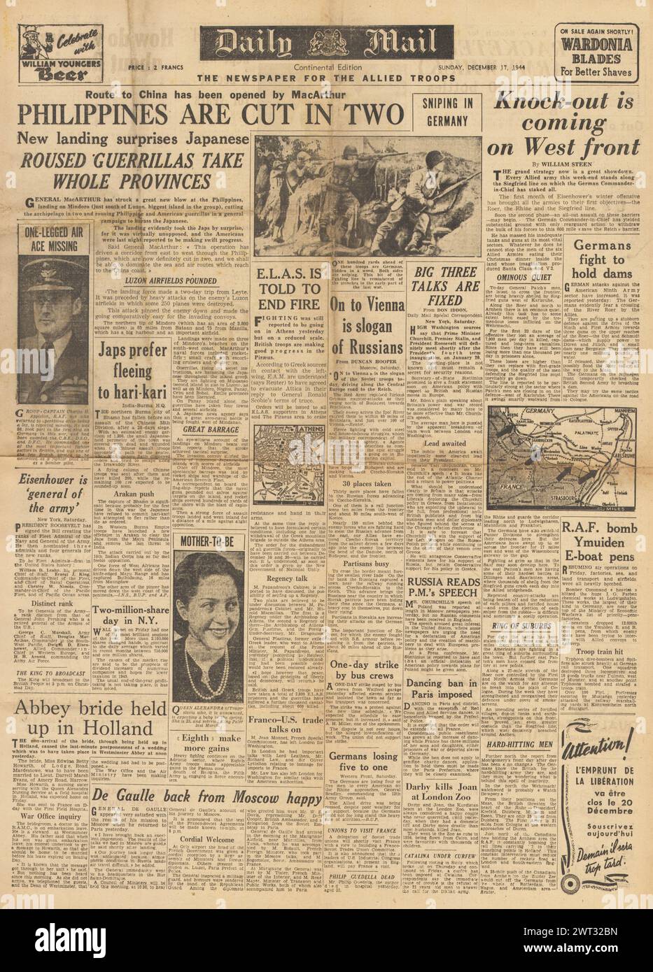 1944 Daily Mail front page reporting Philippines cut in two, unrest in Athens, Churchill seeks meeting with Roosevelt and Stalin and US forces cross German border from Alsace Stock Photo