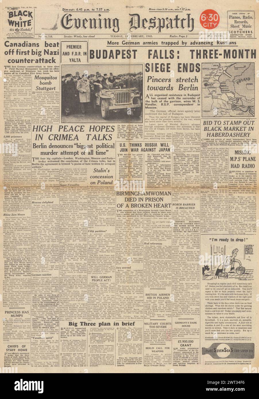 1945 Evening Despatch front page reporting Red Army capture Budapest and Yalta Conference Stock Photo