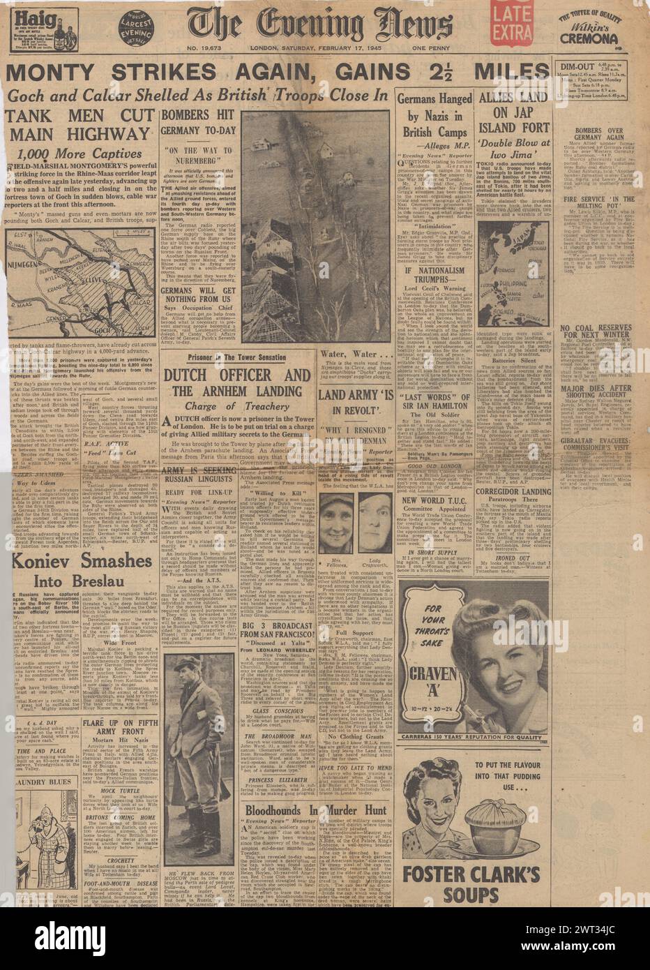 1945 The Evening News front page reporting British forces on Rhine Maas corridor and Red Army in Breslau Stock Photo