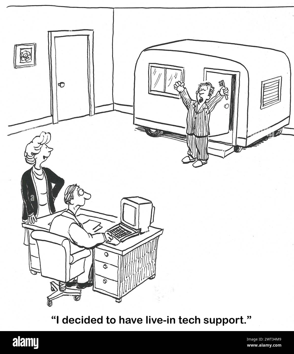 BW cartoon of a business couple who have decided they need live-in tech support. Stock Photo