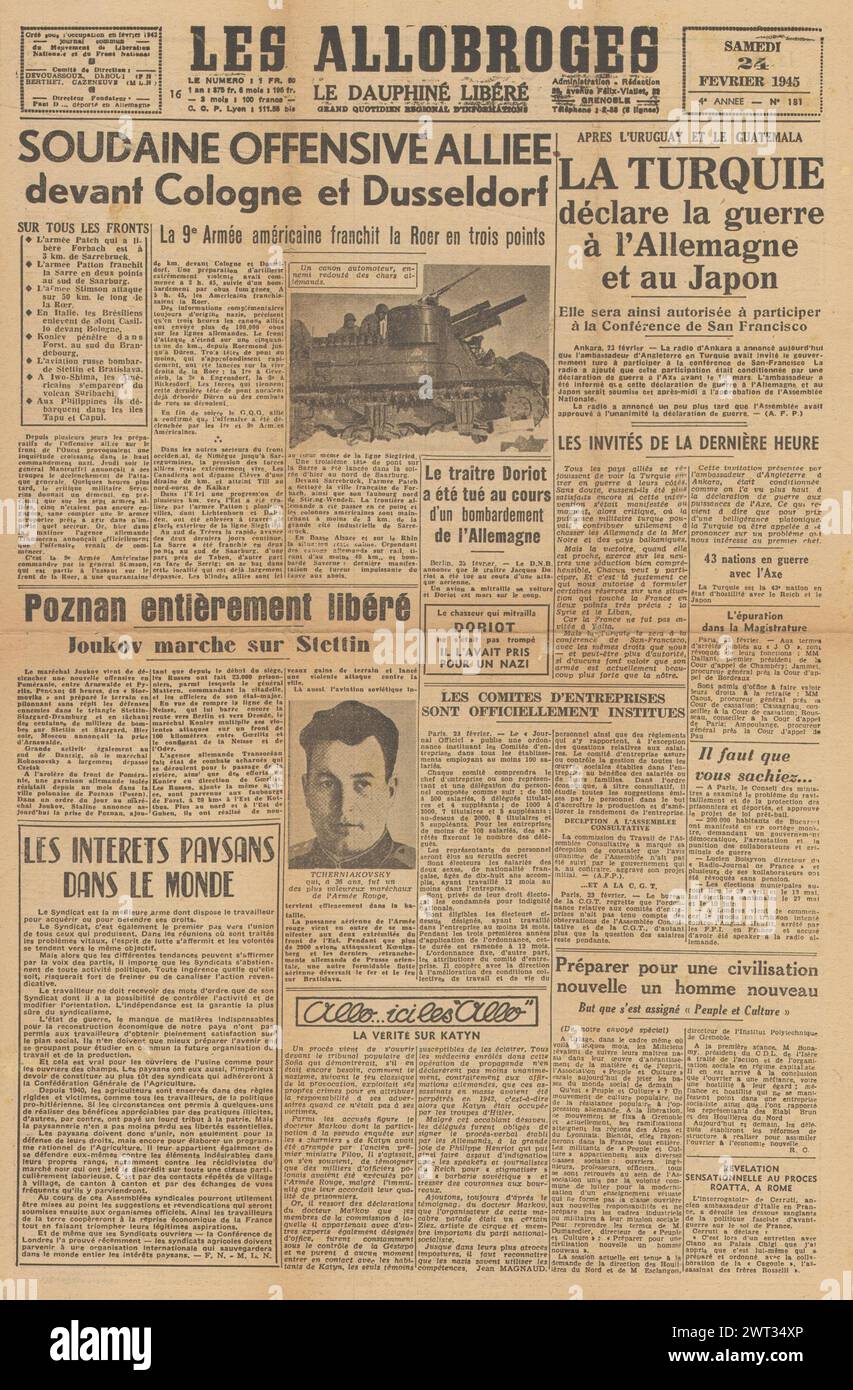 1945 Les Allobroges front page reporting US forces drive on Cologne, Red Army captures Posen and Turkey declares war on Germany Stock Photo