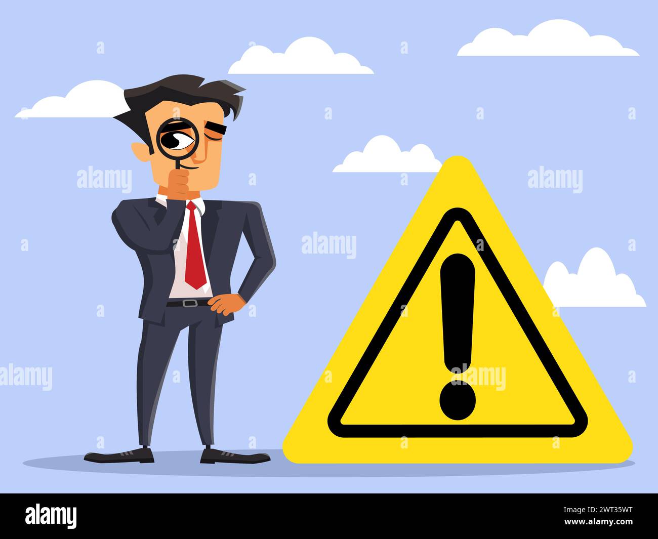 Business man looking through magnifying glass with a warning sign for a risk assessment concept Stock Vector