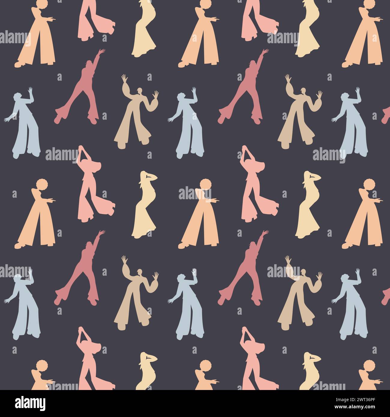 Seamless pattern Dancing 70s style Silhouettes of different dancing poses Vector illustration Isolated on black background Stock Vector