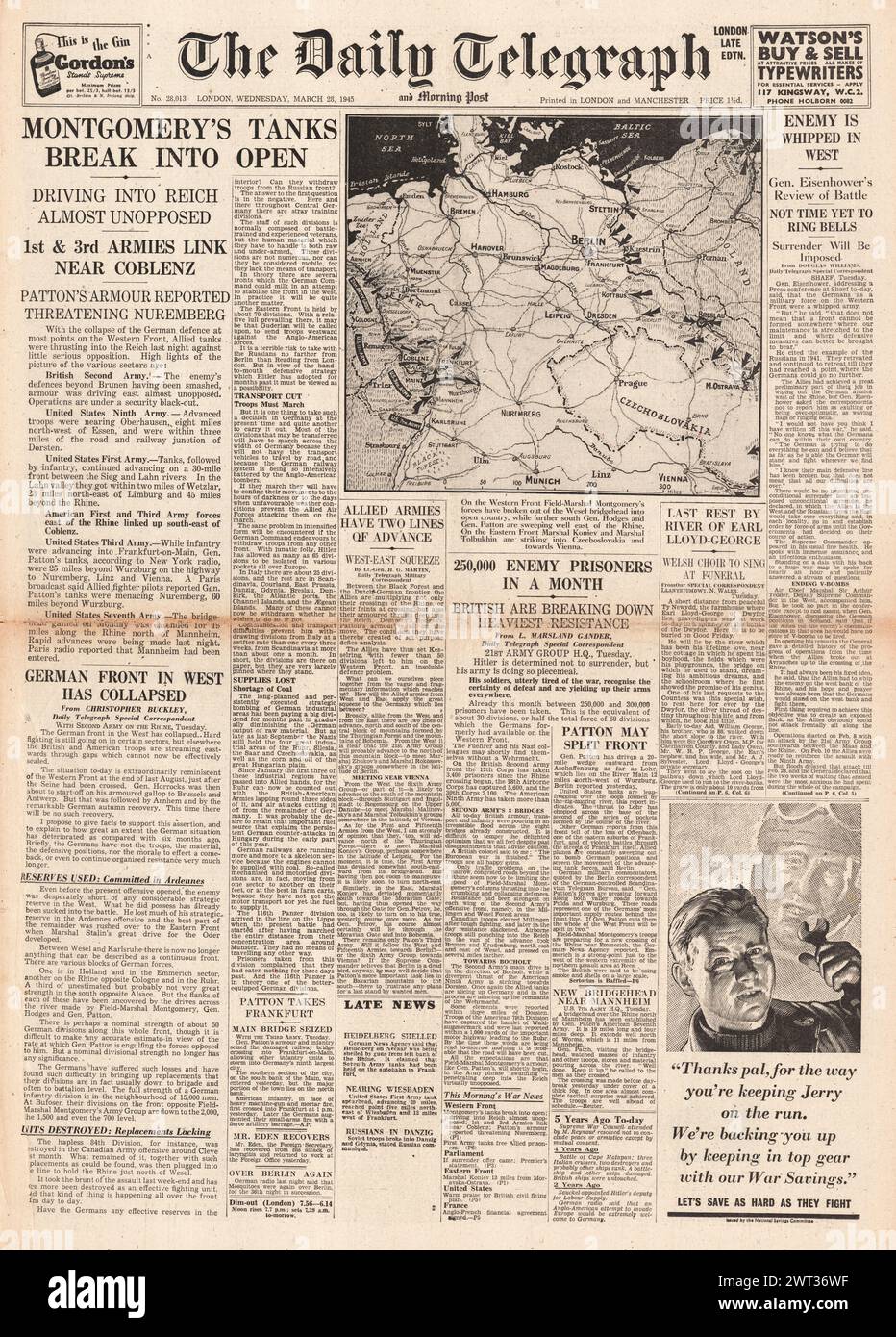 1945 The Daily Telegraph front page reporting German defences collapse ...