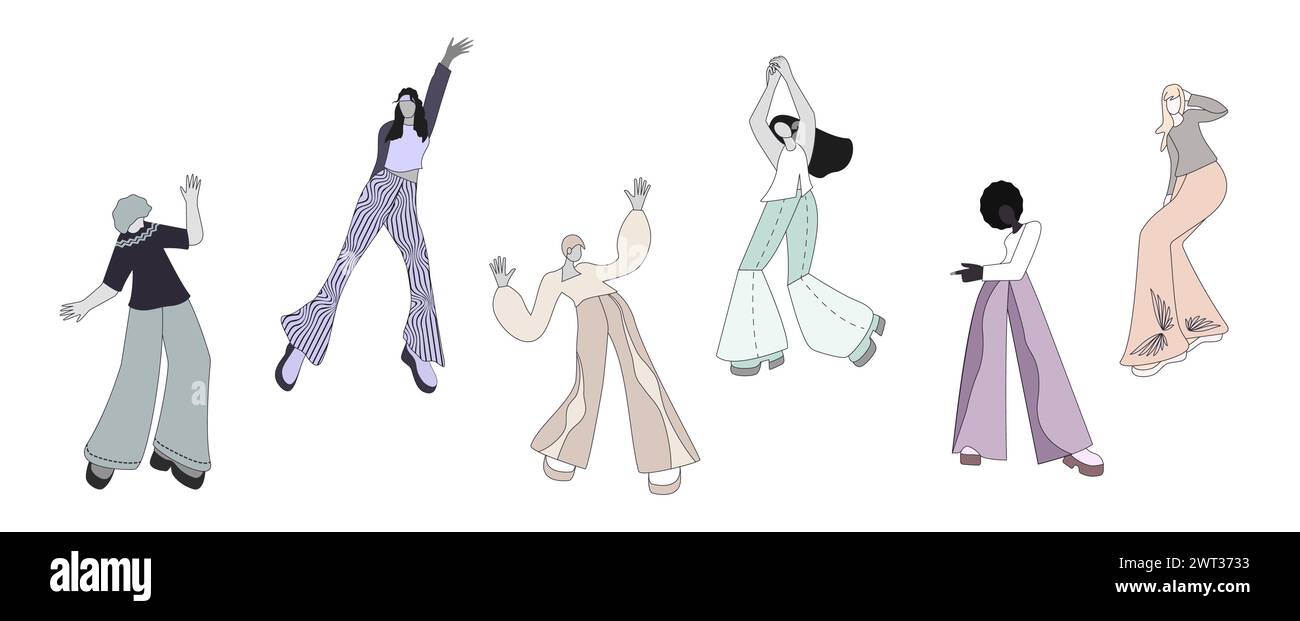 Disco dancing illustrations set. People in various dance poses. Design elements 70s style. Vector illustration. Isolated on a white background. Stock Vector