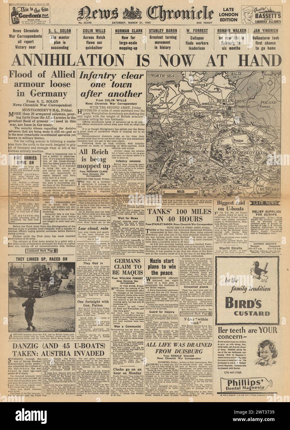 1945 News Chronicle Front Page Reporting Allied Forces Advance In 