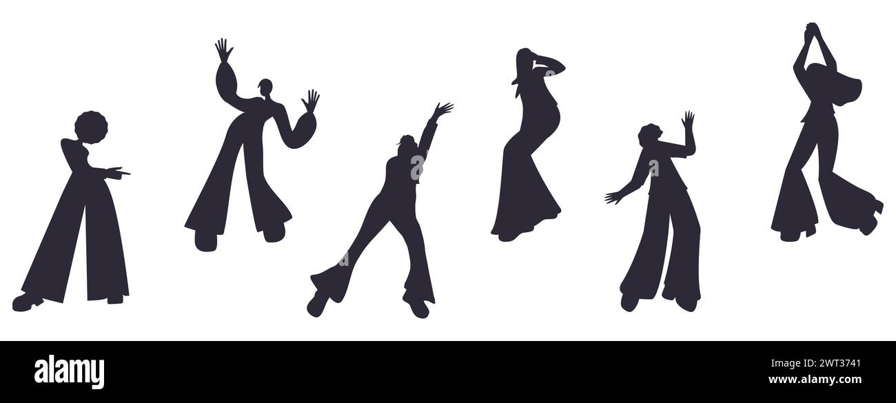 Silhouettes of people in various dance poses. Black and white seamless border. Dancing in the style of the 70s. Vector illustration. Isolated on a whi Stock Vector