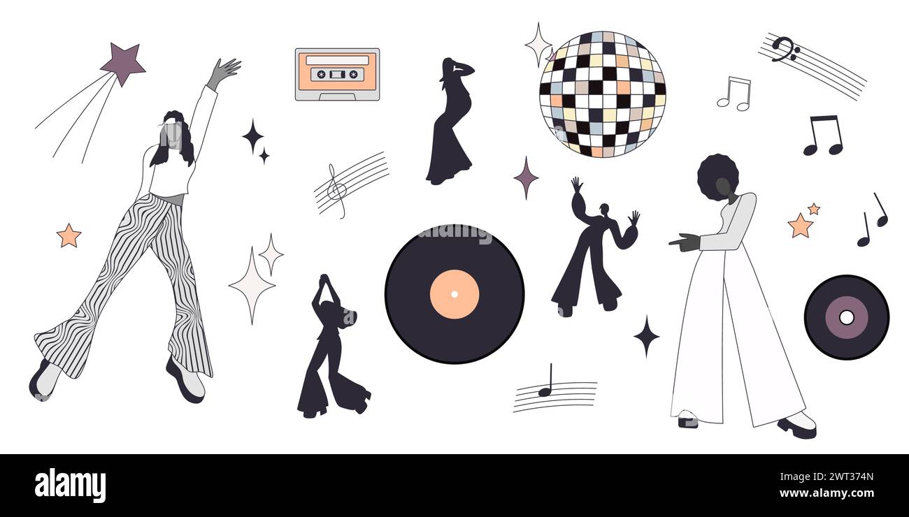 Disco illustrations set. Silhouettes of people in various dance poses. Design elements 70s style. Vector illustration. Isolated on a white background. Stock Vector