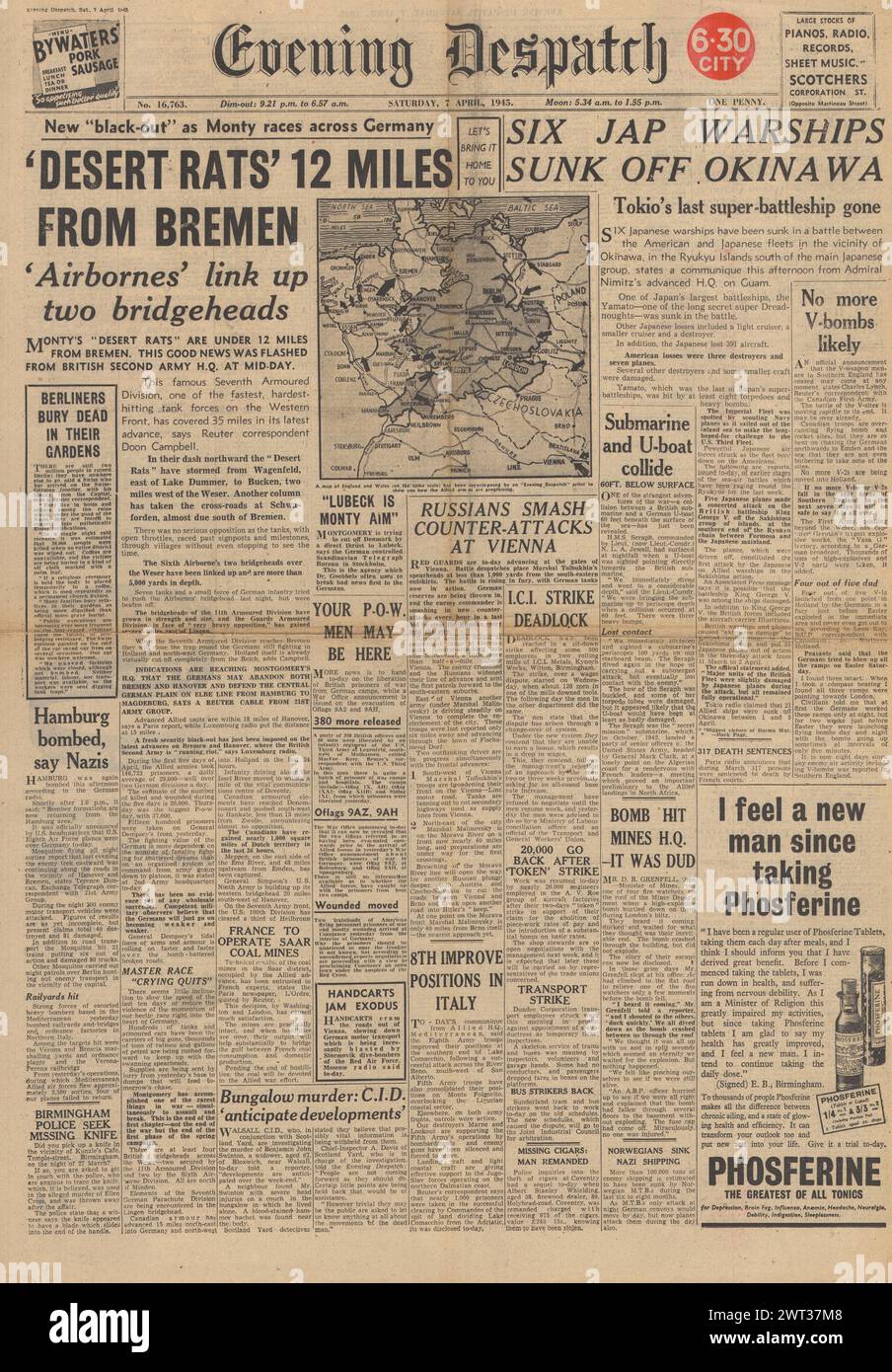 1945 Evening Despatch front page reporting British forces near Bremen, sinking of Japanese battleship Yamato and battle for Vienna Stock Photo