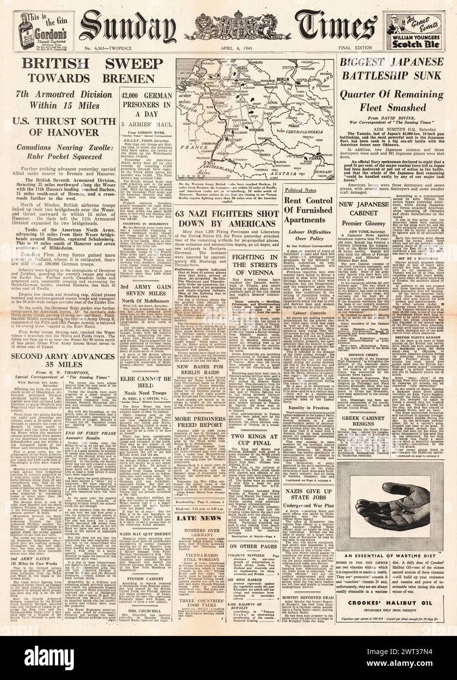 1945 Sunday Times front page reporting Allies drive advance on Bremen, sinking of the Japanese battleship Yamato, Battle for Vienna and air battles over Germany Stock Photo