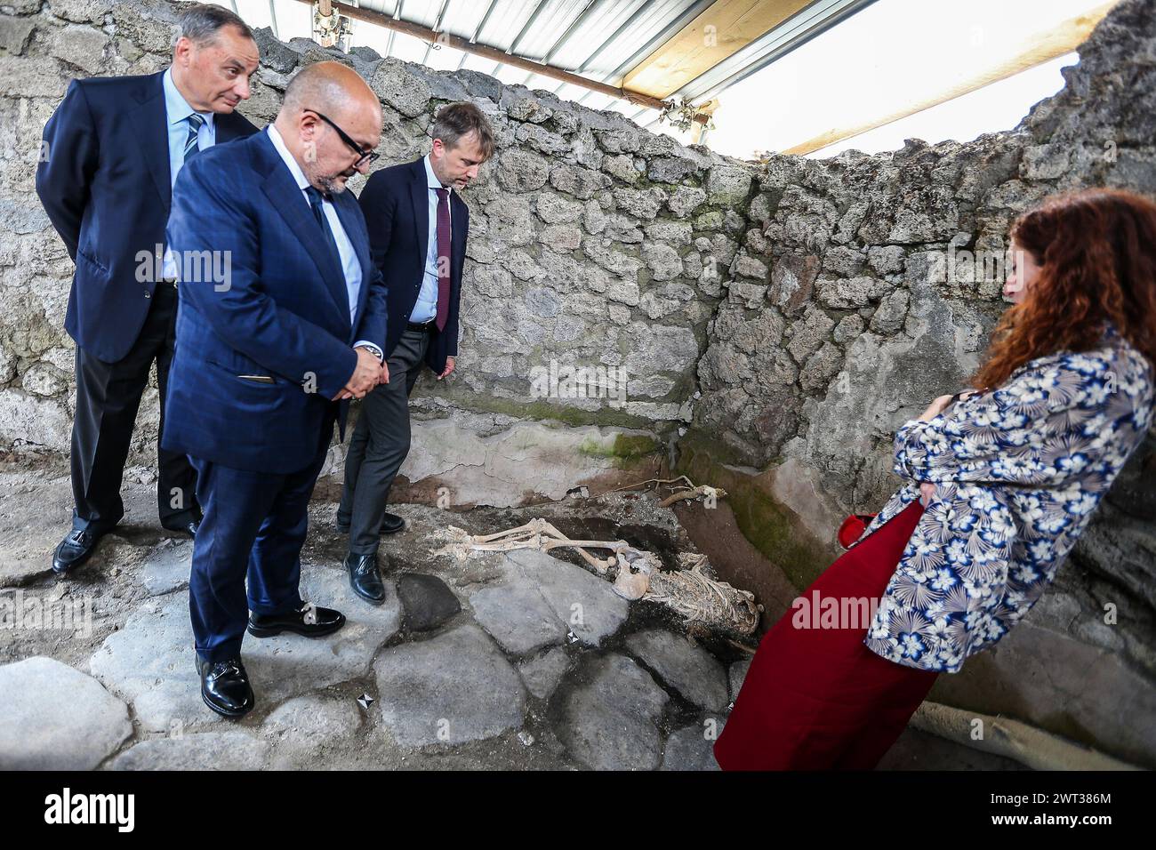 (EDITORS NOTE: Image depicts death.) The Minister of Cultural Heritage, Gennaro Sangiuliano (left-front) with the director of Pompeii excavations Gabr Stock Photo