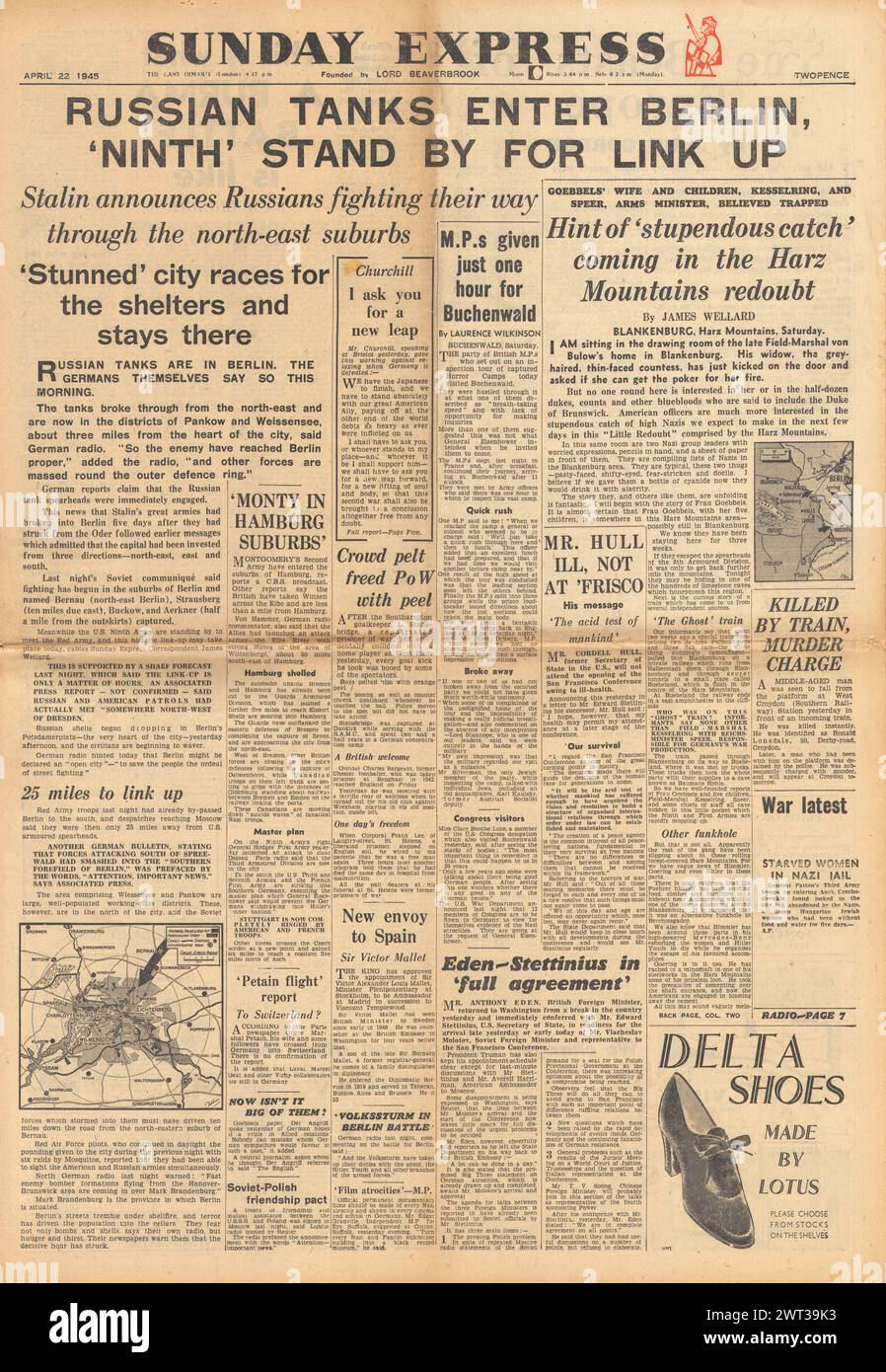 1945 Sunday Express front page reporting Battle for Berlin, MPs visit Buchenwald concentration camp and Allies capture Bologna Stock Photo