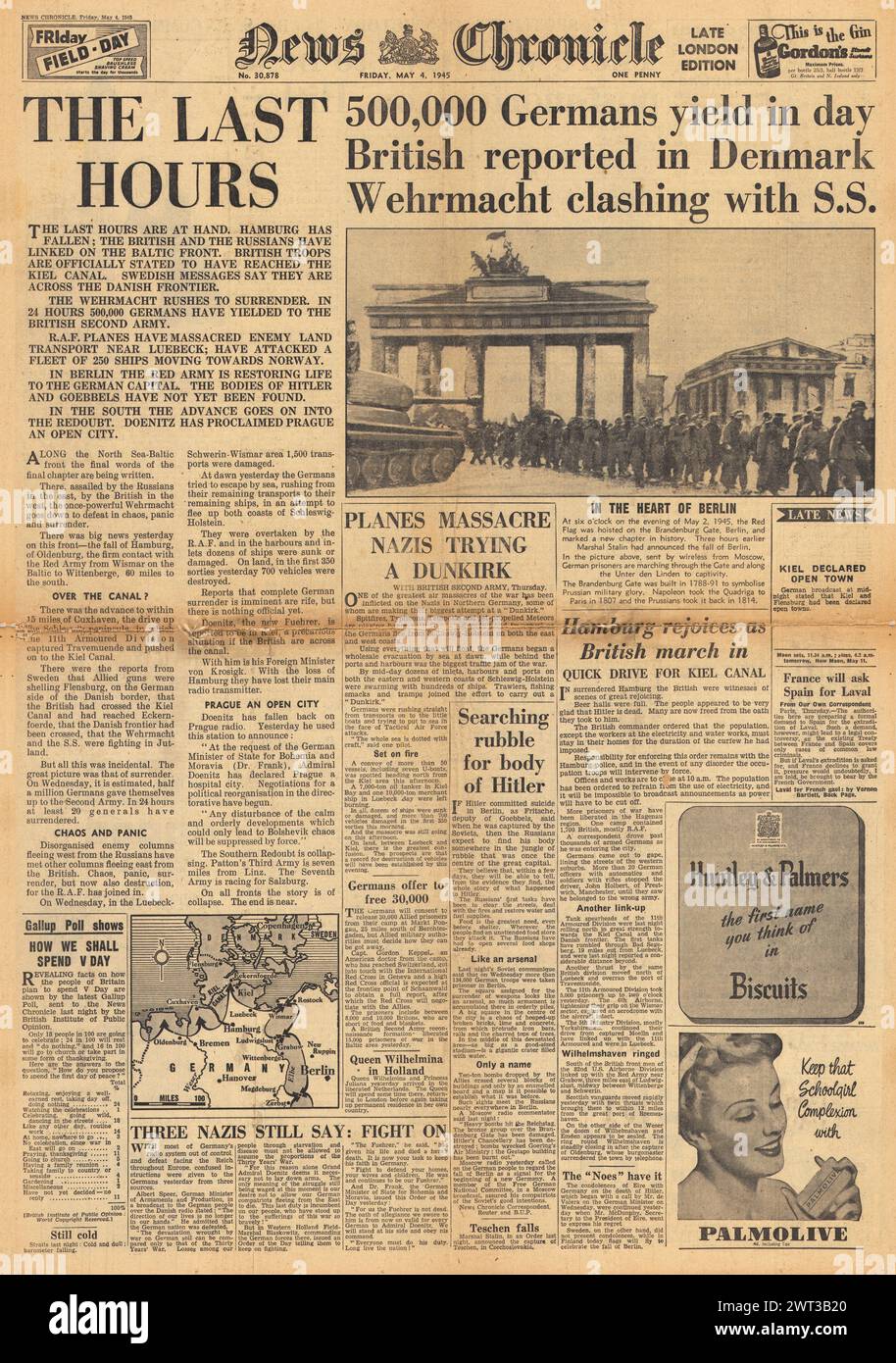 1945 News Chronicle front page reporting German forces surrendering, British troops enter Hamburg and Search for the body of Adolf Hitler Stock Photo