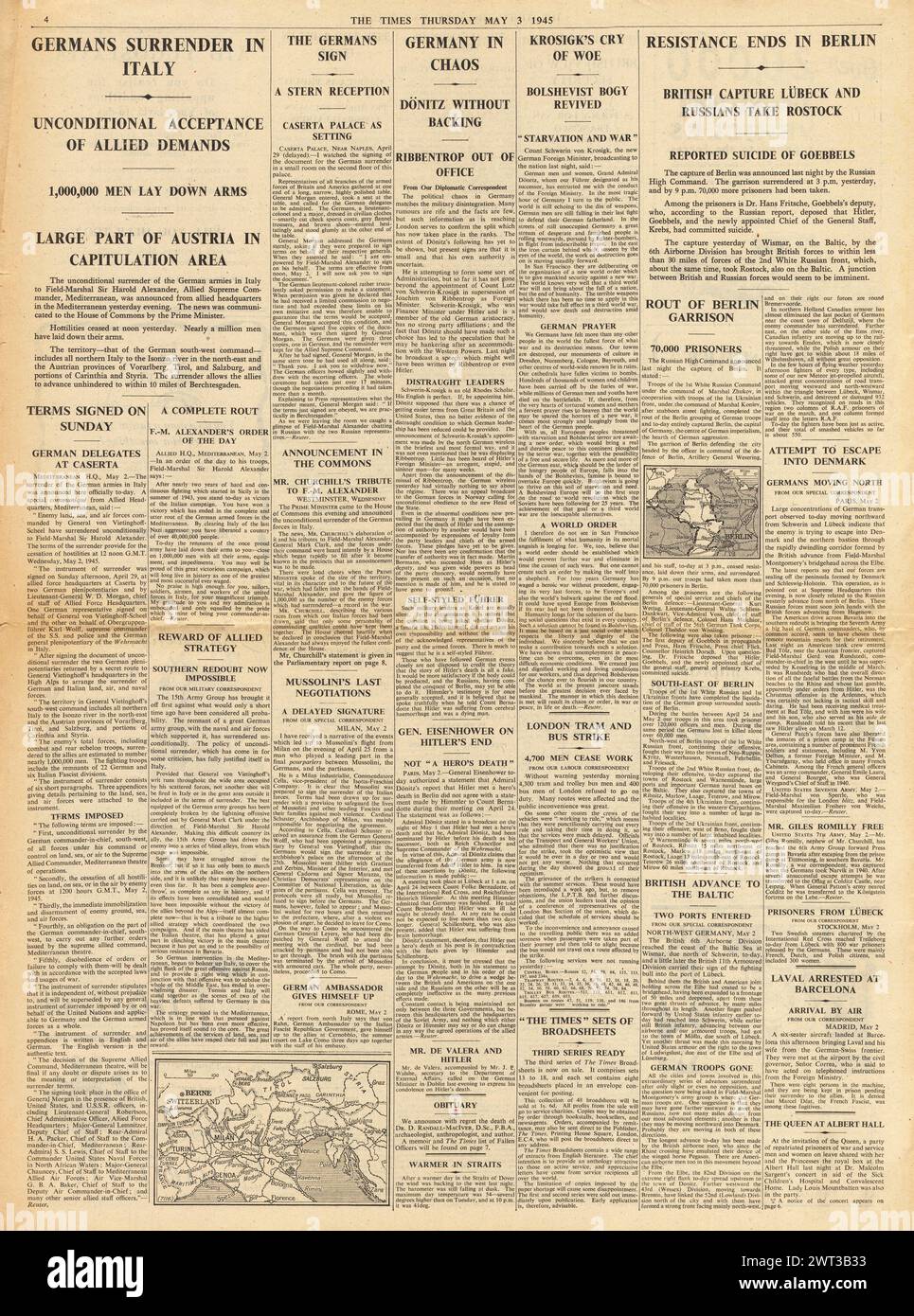 1945 The Times reporting Germans surrender in Italy, resistance ends in Berlin, British Army capture Lubeck and Red Army capture Rostock Stock Photo