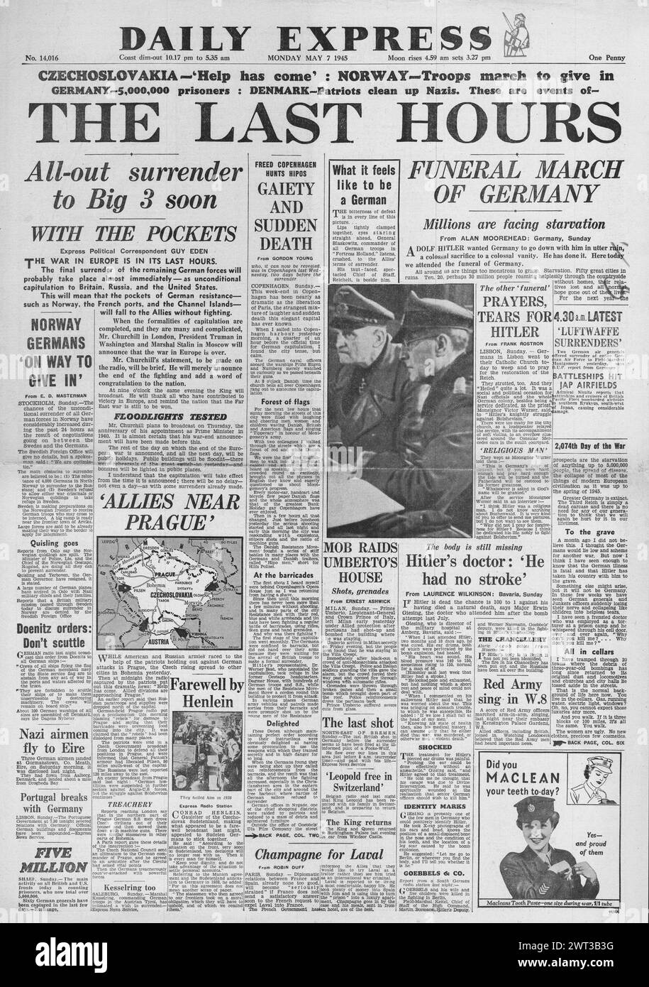 1945 Daily Express front page reporting Last hours of war in Europe Stock Photo