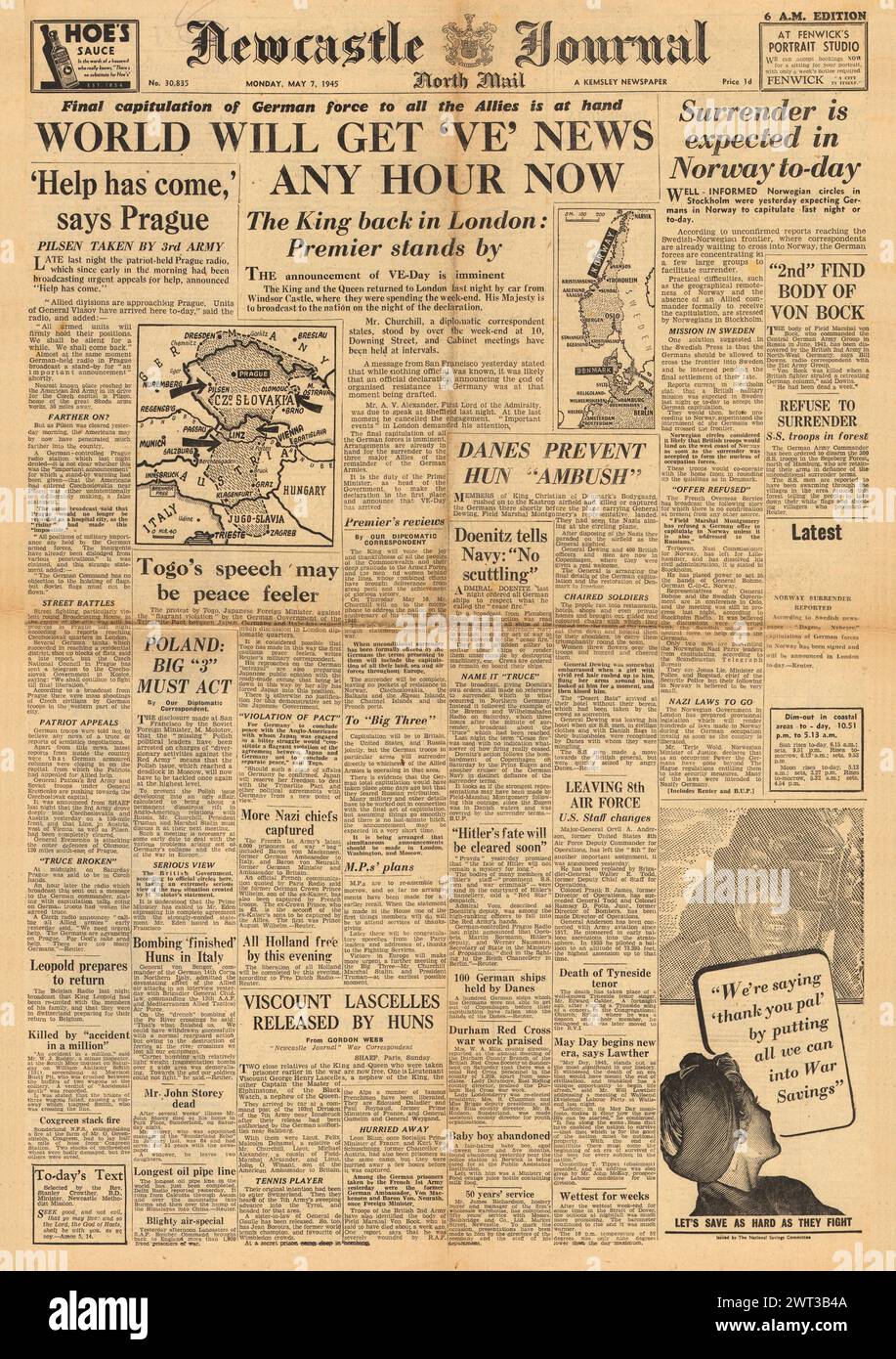 1945 Newcastle Journal front page reporting Germany to surrender and VE Day announcement expected Stock Photo