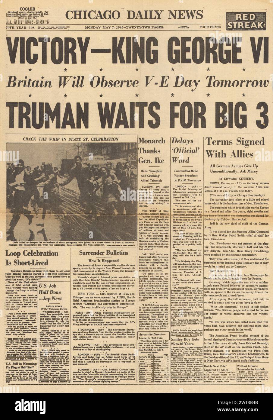 1945 Chicago Daily News front page reporting Germany surrenders and Britain to observe VE Day Stock Photo