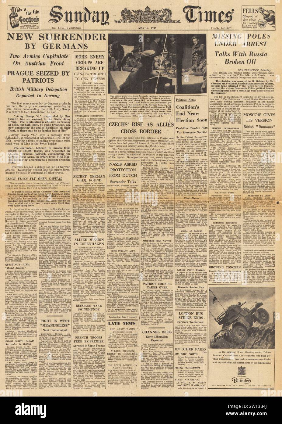 1945 Sunday Times front page reporting Germans surrender in Norway, Montgomery accepts surrender on Luneberg Heath and Partisans take control of Prague Stock Photo