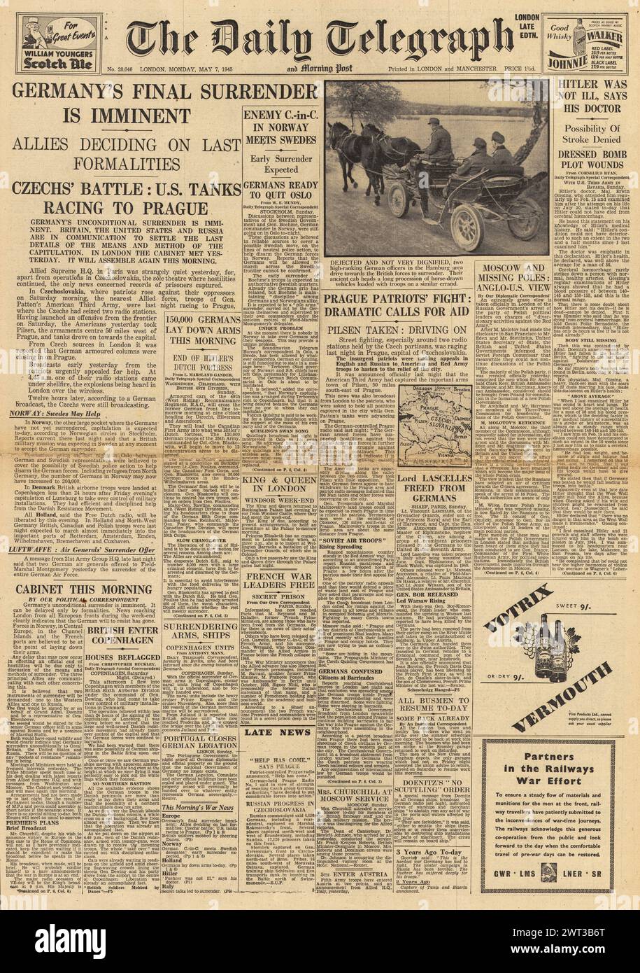 1945 The Daily Telegraph front page reporting Germany to surrender and VE Day announcement expected Stock Photo