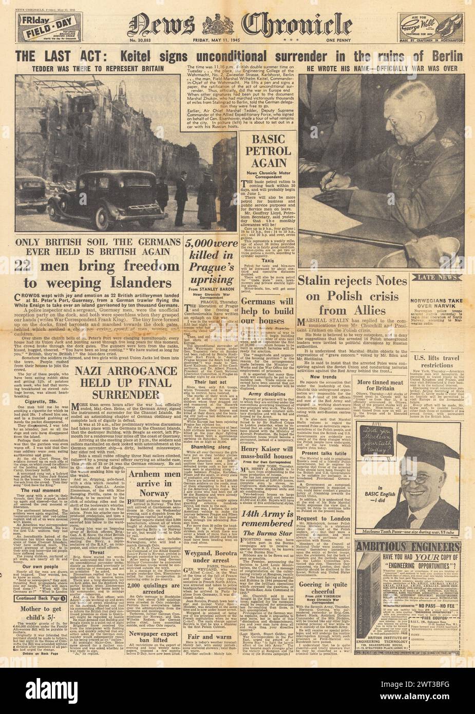 1945 News Chronicle front page reporting Keitel signs German surrender Stock Photo