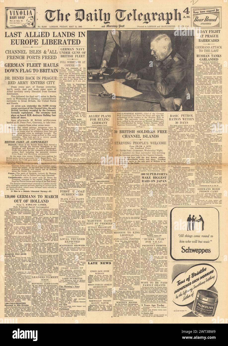 1945 The Daily Telegraph front page reporting Keitel signs German surrender Stock Photo