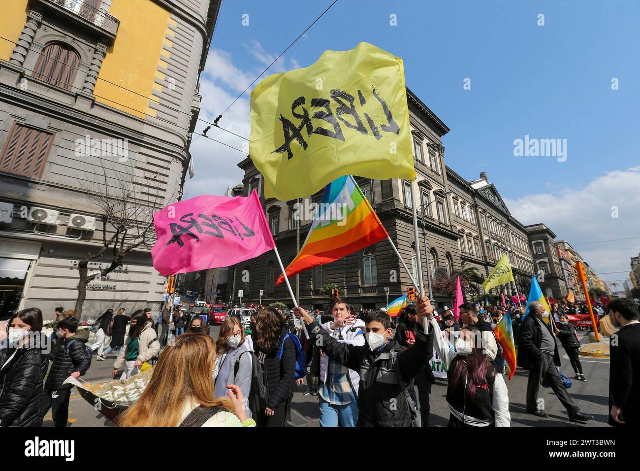 People, with a 'Libera' flags, during the national demonstration in Naples in memory of the innocent victims of the mafia, organized by the 'Libera' a Stock Photo