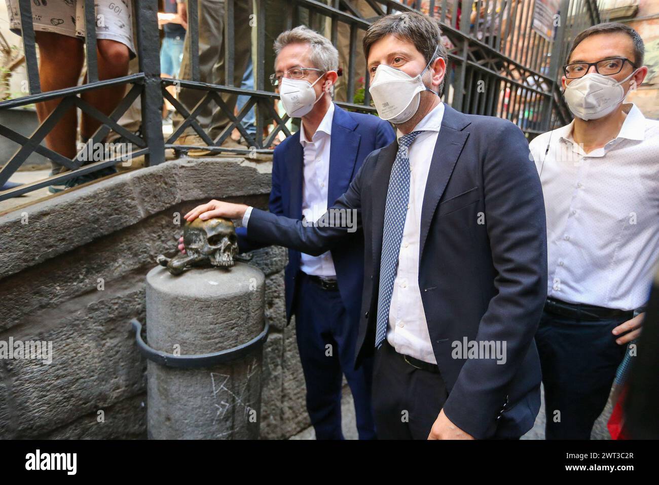 The minister of health, Roberto Speranza and the candidate for mayor of Naples Gaetano Manfredi, with a mask to protect themselves from Covid-19, touc Stock Photo
