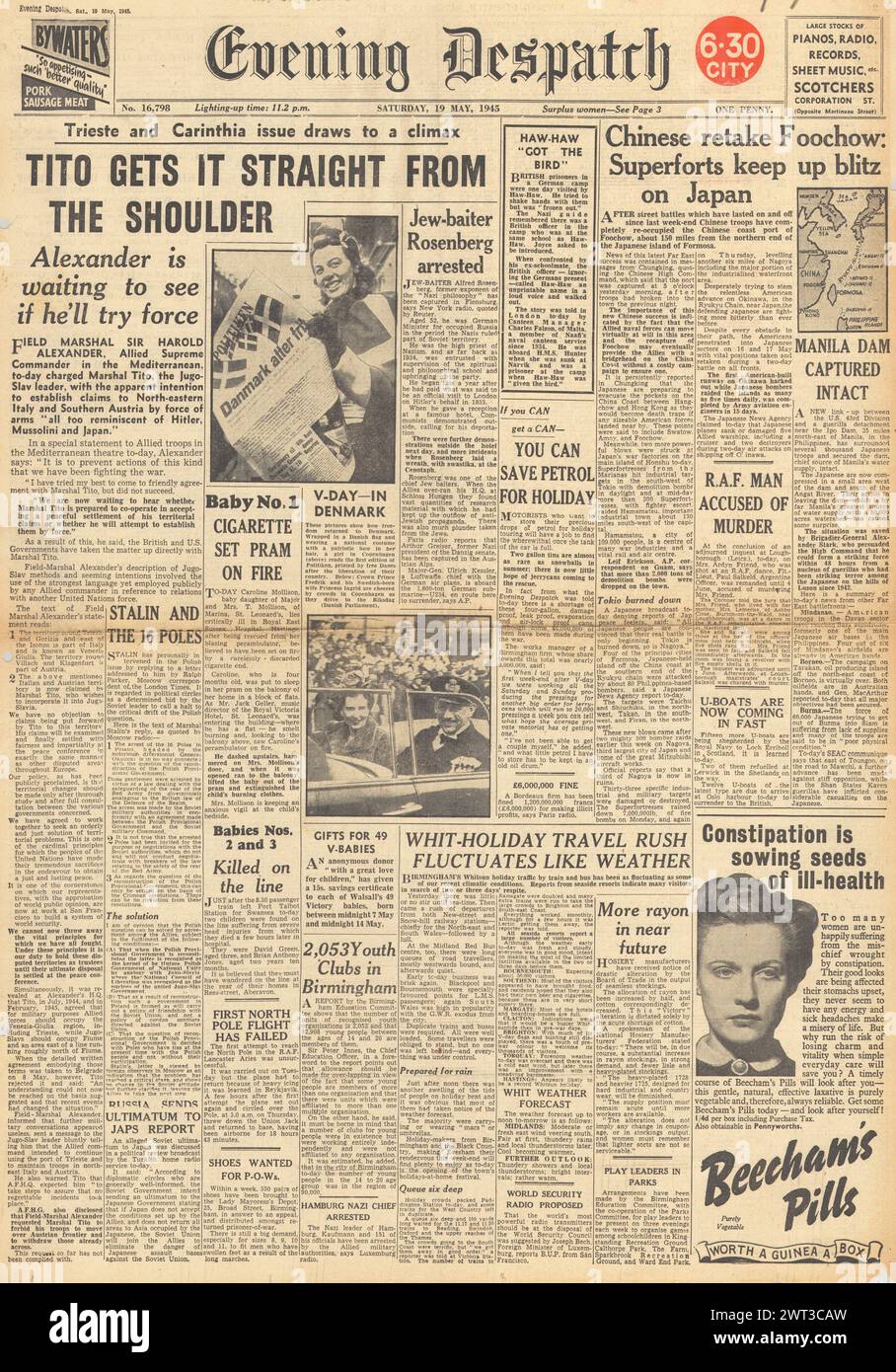 1945 Evening Dispatch front page reporting Chinese forces capture Foochow and Tito accused of claiming Trieste and Carinthia Stock Photo