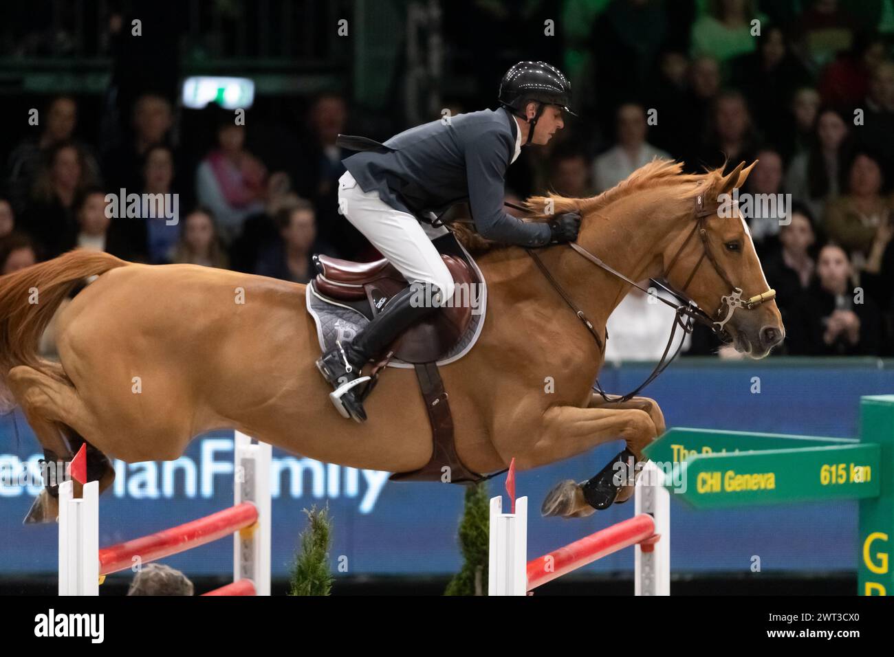 Denbosch, Netherlands - March 10, 2024. Julien Epaillard of France riding Dubai du Cedre competes in the 1.60m Rolex Grand Prix at the 2024 Rolex Dutc Stock Photo