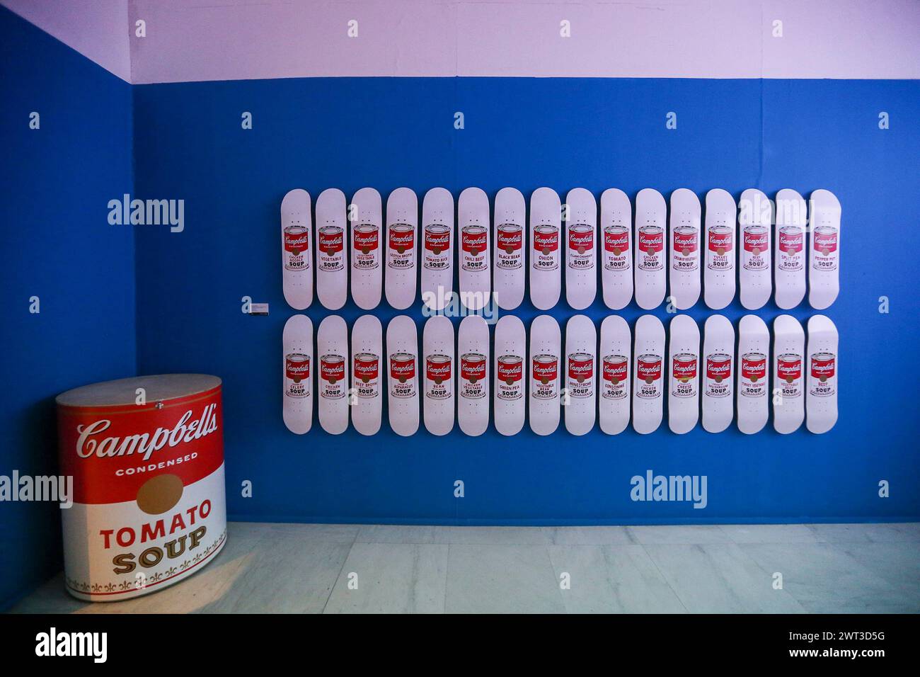 Campbell's famous soup in the exhibition dedicated to Andy Warhol in Naples, entitled 'Andy is Back', during the press preview. Stock Photo