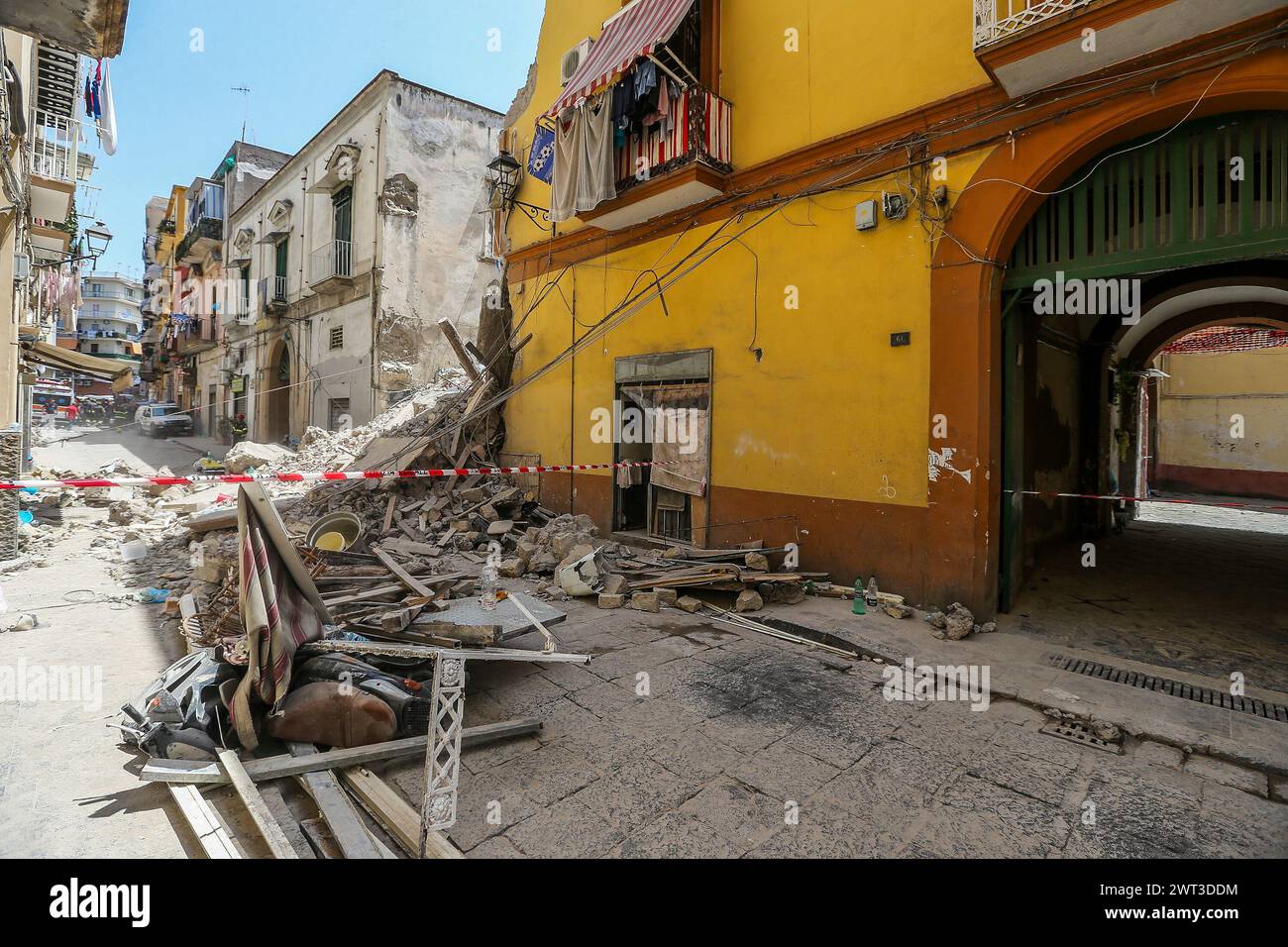 A view of the completely collapsed building in Torre del Greco, near Naples. Several people were injured and there are believed to be some dead. Firef Stock Photo