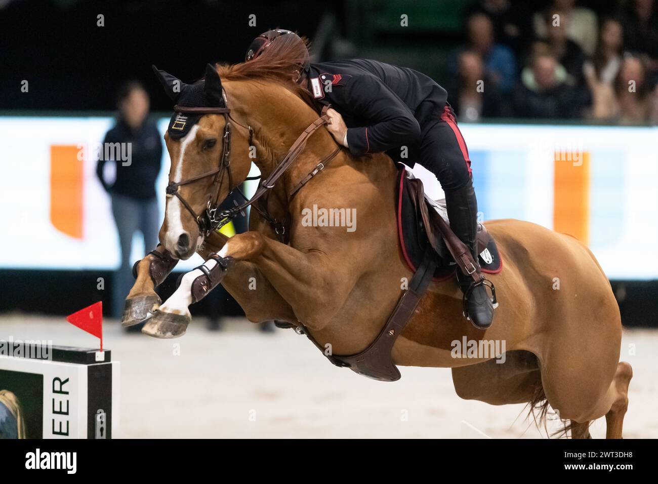 Denbosch, Netherlands - March 10, 2024. Emanuele Gaudiano of Italy riding Chalou competes in the 1.60m Rolex Grand Prix at the 2024 Rolex Dutch Master Stock Photo