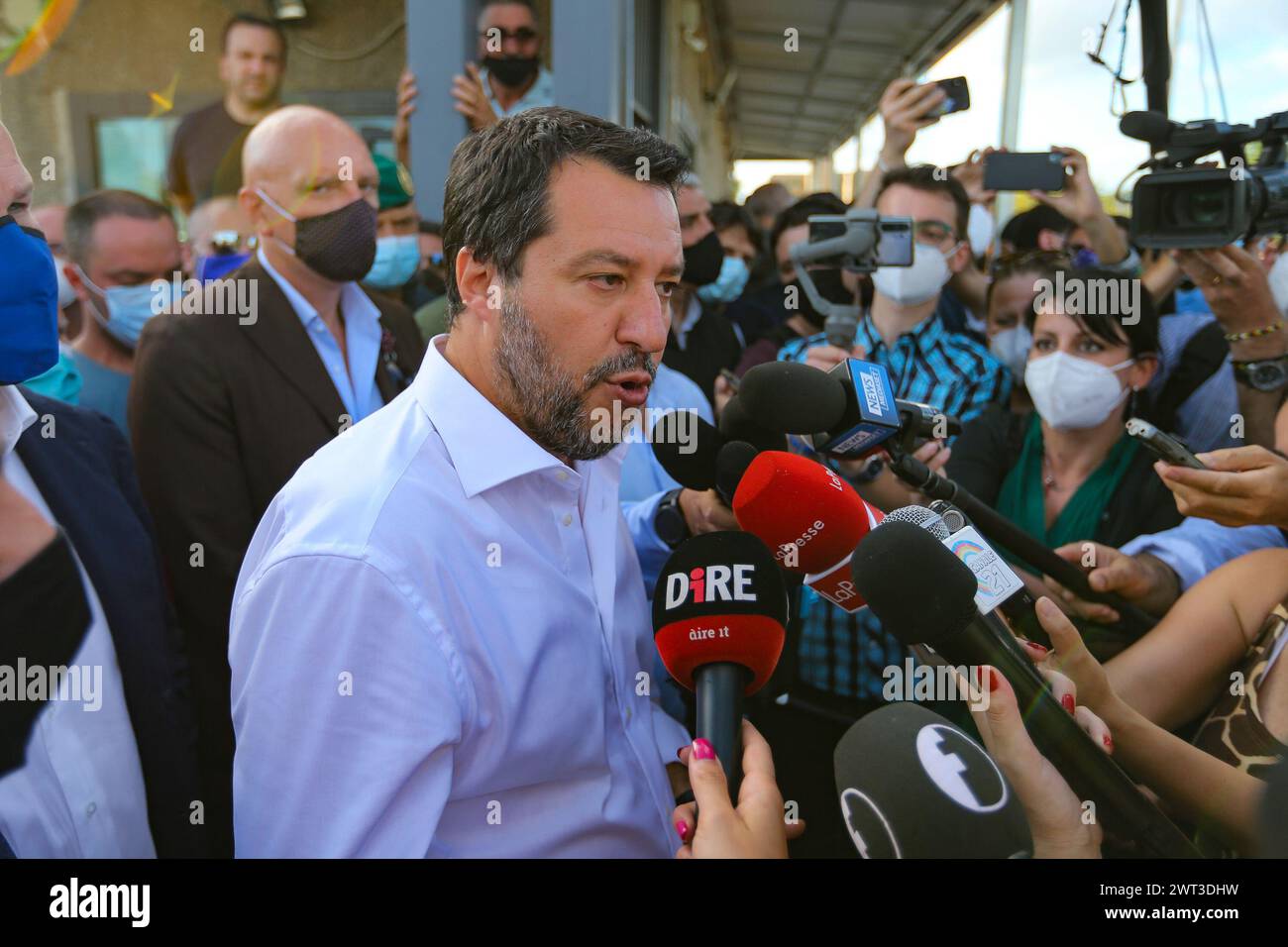 The leader of the Lega party, Matteo Salvini, after visiting the prison of Santa Maria Capua Vetere, in solidarity with the prison guards, accused of Stock Photo